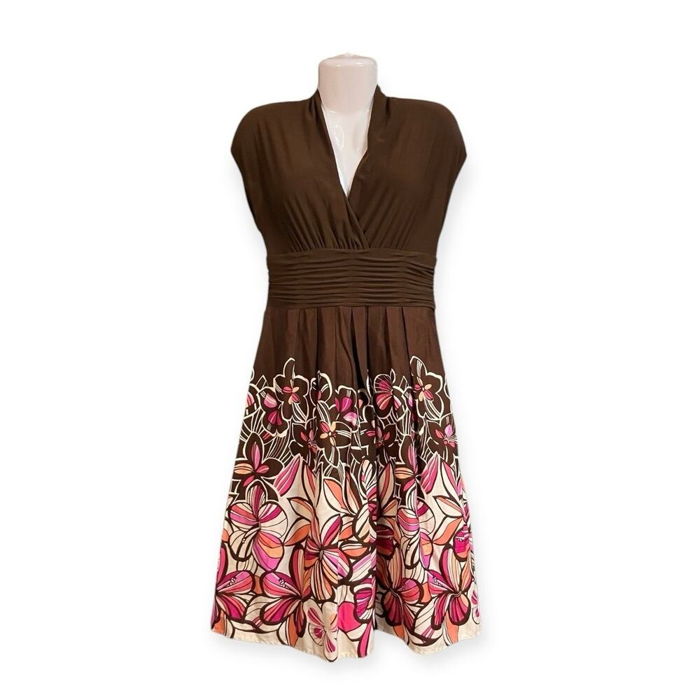 Sangria Women's Brown Floral V-Neck Cap Sleeve Fit & Flare Midi Dress | Size 10